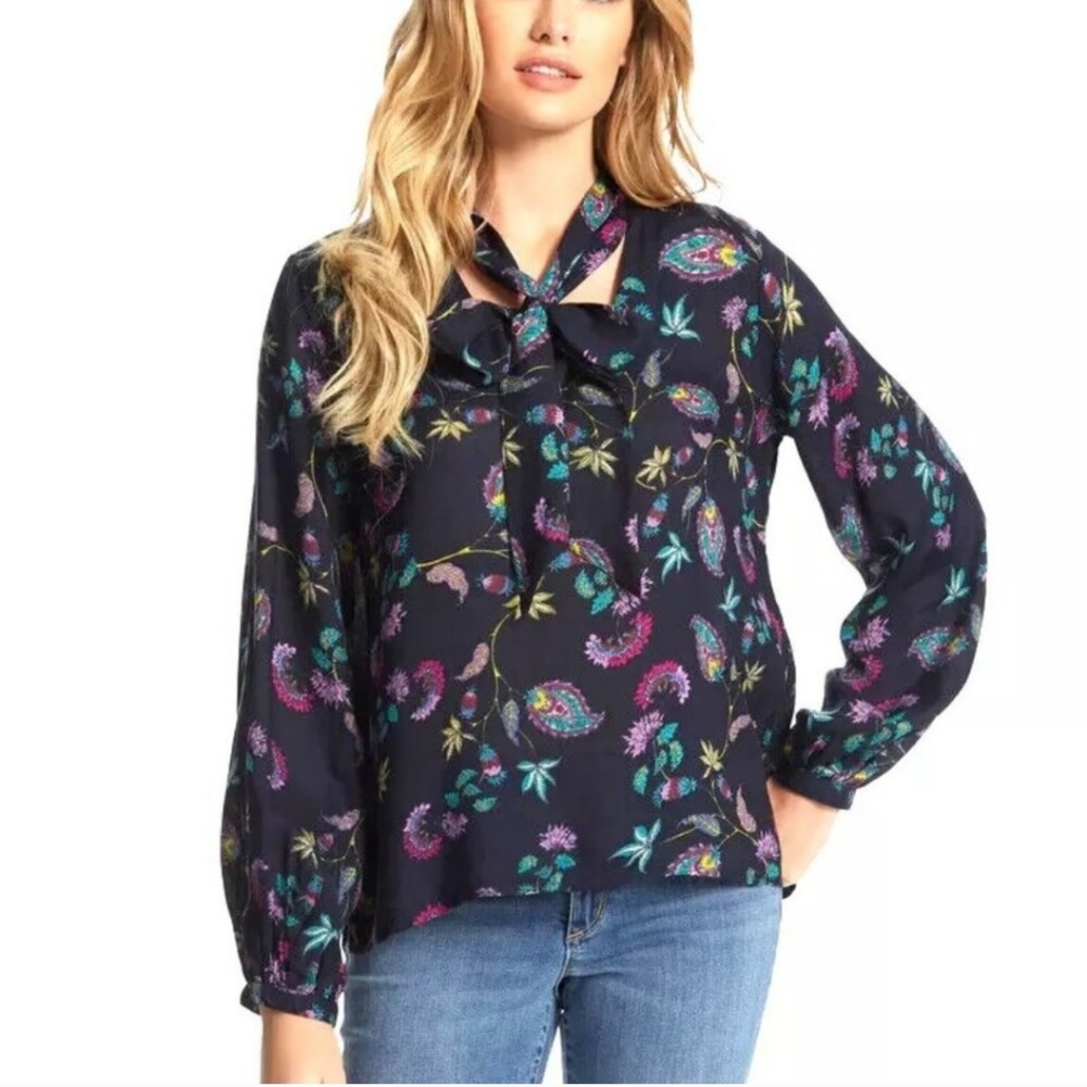 Navy Paisley Floral Neck Tie Long Sleeve Blouse Career Business Casual